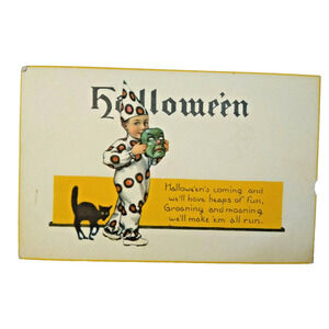 Nash Halloween Postcard Series 38 Black Cat Green Face Mask Boy In Costume
